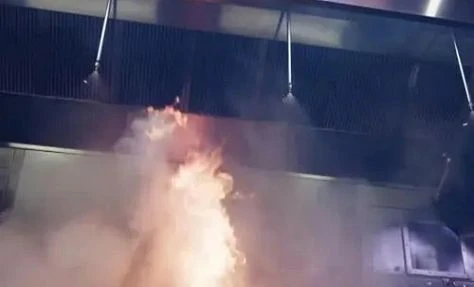 Spray fire extinguisher against fire in kitchen (001)